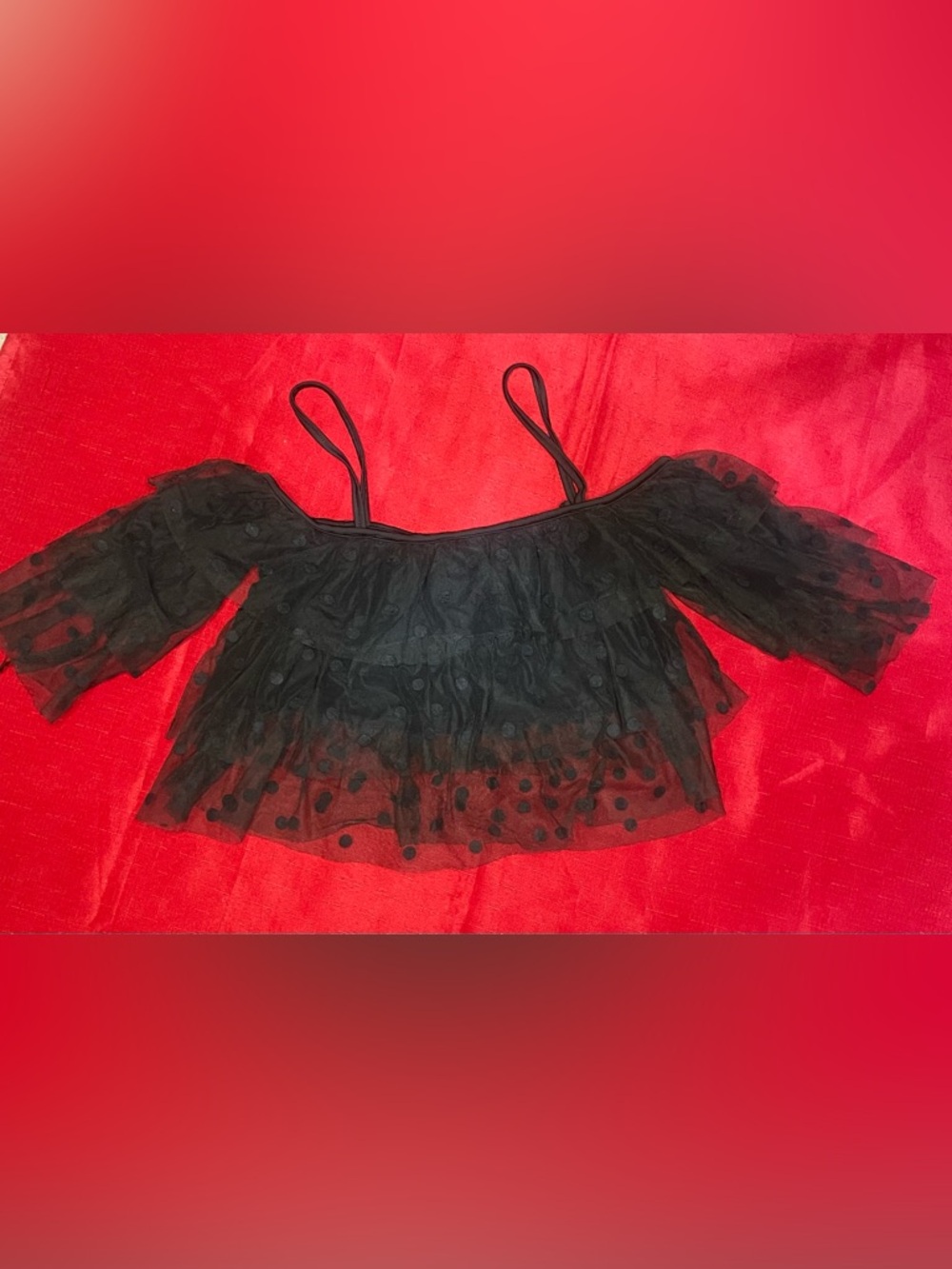 Black Polka Dot Mesh Off-Shoulder Crop Top